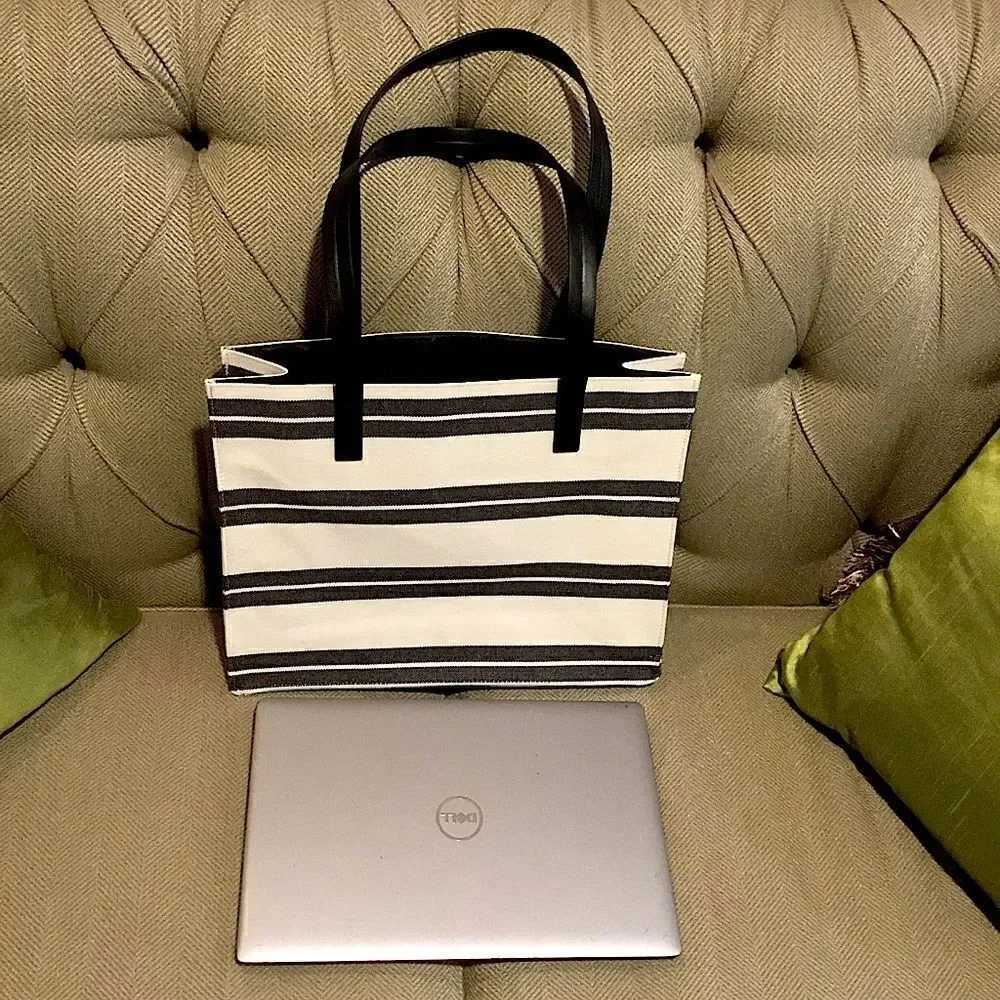CANVAS TOTE STRIPS CREAM/BLACK WORK, LAPTOP, VACATION, SCHOOL